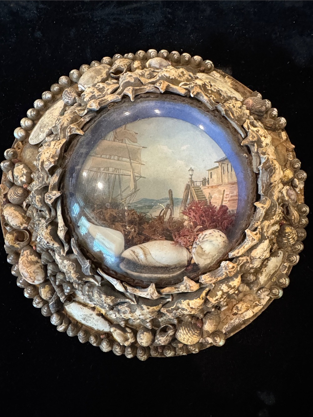 Antique Victorian Shellwork Maritime Diorama Bubble Glass Sailors Valentine